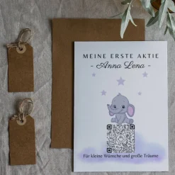 Geldgeschenk | Meine Erste Aktie | Personalisierte Aktie ETF Kryptowährung QrCode Geschenkkarte | Motiv Elefant