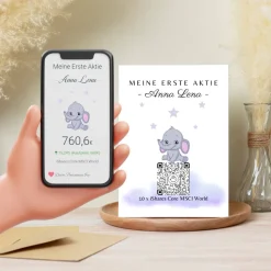 Geldgeschenk | Meine Erste Aktie | Personalisierte Aktie ETF Kryptowährung QrCode Geschenkkarte | Motiv Elefant