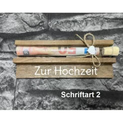 Geldgeschenk • Zur Hochzeit • Reagenzglas • Geschenkverpackung aus Holz • Räuchereiche • Klötzchen