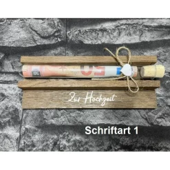 Geldgeschenk • Zur Hochzeit • Reagenzglas • Geschenkverpackung aus Holz • Räuchereiche • Klötzchen
