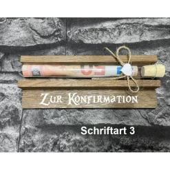 Geldgeschenk • Zur Konfirmation • Reagenzglas • Geschenkverpackung aus Holz • Räuchereiche • Klötzchen