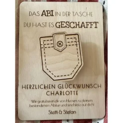 Geldgeschenk "Abitur bestanden" Glückwunschkarte aus Holz, Geschenkverpackung personalisiert