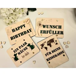 Geldgeschenk aus 3 mm Sperrholz + Kartonhintergrund