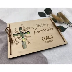Geldgeschenk aus Holz , personalisiertes Geldgeschenk zur Kommunion, Kommuniongeschenk, Geschenk Taufpaten, Holzkarte