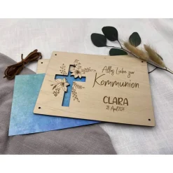 Geldgeschenk aus Holz , personalisiertes Geldgeschenk zur Kommunion, Kommuniongeschenk, Geschenk Taufpaten, Holzkarte