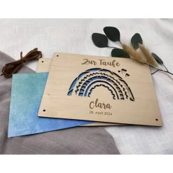 Geldgeschenk aus Holz mit Regenbogen , personalisiertes Geldgeschenk zur Taufe, Taufgeschenk, Geschenk Taufpaten