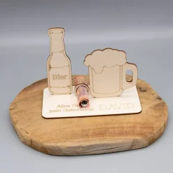 Geldgeschenk Bier - aus Holz personalisiert
