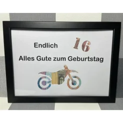 Geldgeschenk Bilderrahmen Geburtstag 16 Motorrad personalisierbar DIN A4