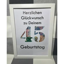 Geldgeschenk Bilderrahmen Geburtstag 45 personalisierbar DIN A4