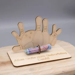 Geldgeschenk Bowling - aus Holz personalisiert