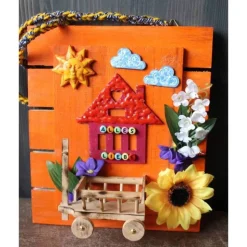 Geldgeschenk Collage HÄUSCHEN  kleine Collage auf Holz verziert mit Acrylfarben und Holzapplikationen und Kunstblumen