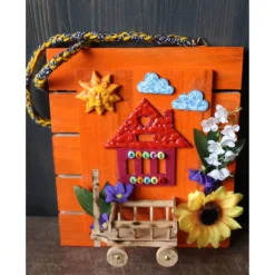 Geldgeschenk Collage HÄUSCHEN  kleine Collage auf Holz verziert mit Acrylfarben und Holzapplikationen und Kunstblumen