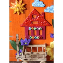 Geldgeschenk Collage HÄUSCHEN  kleine Collage auf Holz verziert mit Acrylfarben und Holzapplikationen und Kunstblumen