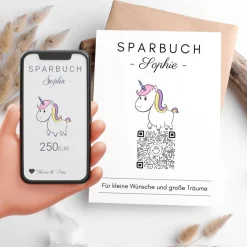 Geldgeschenk für Kinder | Digitales Sparbuch | QrCode Geschenkkarte | Einhorn