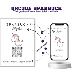 Geldgeschenk für Kinder | Digitales Sparbuch | QrCode Geschenkkarte | Einhorn