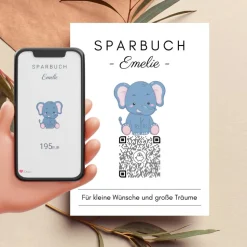 Geldgeschenk für Kinder | Digitales Sparbuch | QrCode Geschenkkarte | Elefant