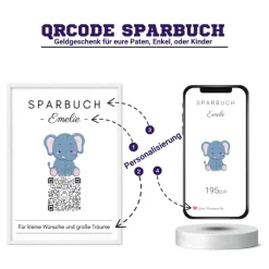 Geldgeschenk für Kinder | Digitales Sparbuch | QrCode Geschenkkarte | Elefant