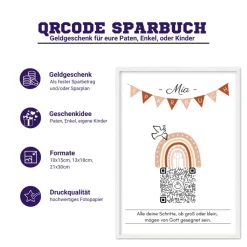 Geldgeschenk Geburt, Taufe, Kommunion, Konfirmation | Digitales QrCode Sparbuch | Motiv Friedenstaube