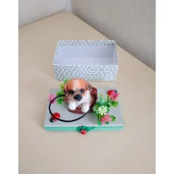 Geldgeschenk Geburtstag – Geschenkbox mit Hundewelpe Golden Retriever & Blumen