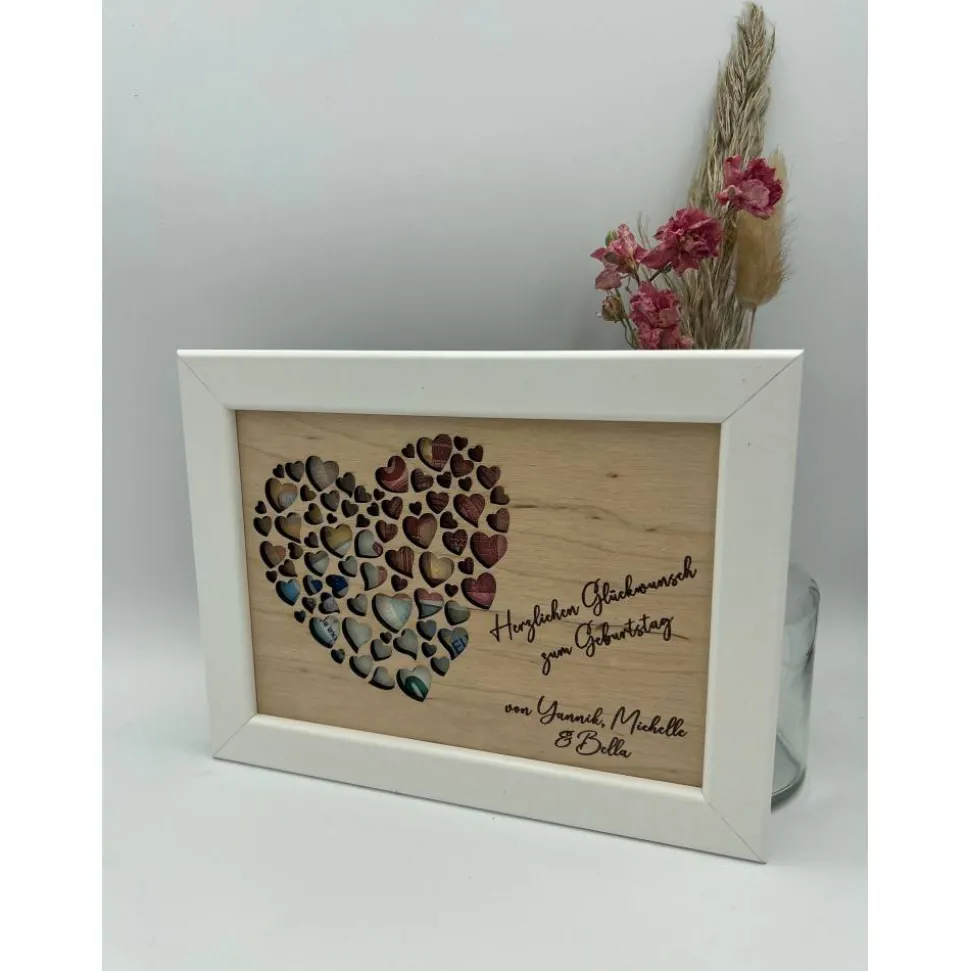 Geldgeschenk Geburtstag Herzmotiv im Bilderrahmen – Geschenkidee personalisiert im Bilderrahmen, Hochzeit & Geburtstagsg