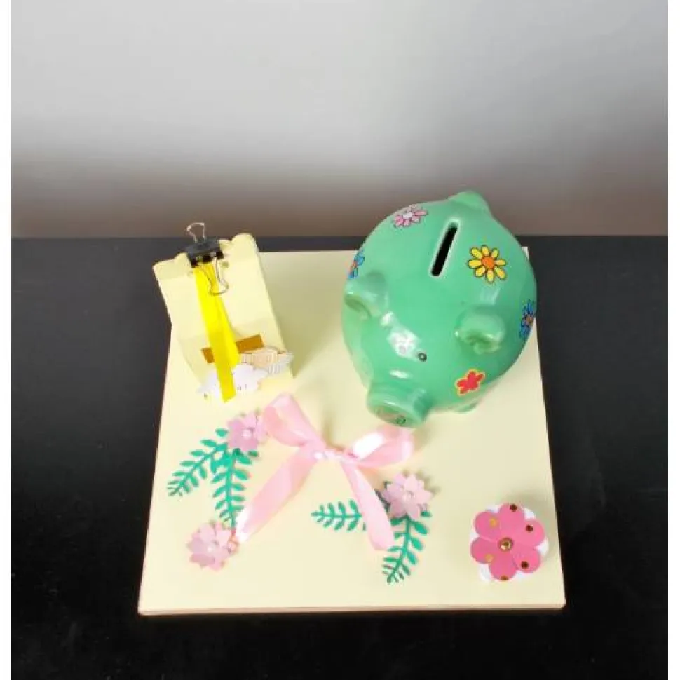 Geldgeschenk Geburtstag mit Sparschwein in gelb grün