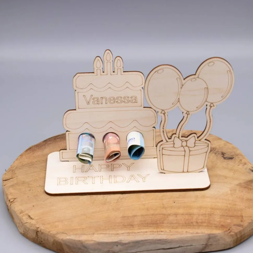 Geldgeschenk Geburtstagstorte - aus Holz personalisiert