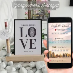 Geldgeschenk Hochzeit | QrCode Geschenkkarte inkl. Reagenzglas und Kartenständern | Verliebt Verlobt Verheiratet | LOVE