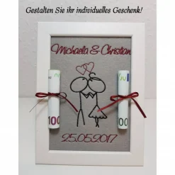 Geldgeschenk Hochzeit im Bilderrahmen - individuell bestickt