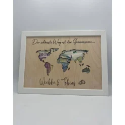 Geldgeschenk Hochzeit Weltkarte, Hochzeitsgeschenk personalisiert, Geschenkidee im Bilderrahmen Urlaubsgeschenk,