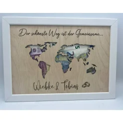 Geldgeschenk Hochzeit Weltkarte, Hochzeitsgeschenk personalisiert, Geschenkidee im Bilderrahmen Urlaubsgeschenk,