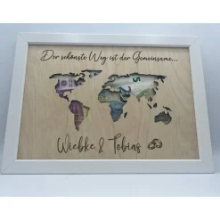 Geldgeschenk Hochzeit Weltkarte, Hochzeitsgeschenk personalisiert, Geschenkidee im Bilderrahmen Urlaubsgeschenk,