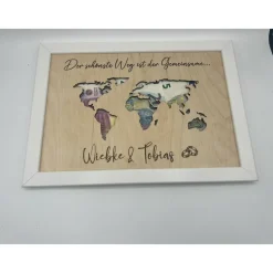 Geldgeschenk Hochzeit Weltkarte, Hochzeitsgeschenk personalisiert, Geschenkidee im Bilderrahmen Urlaubsgeschenk,