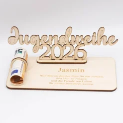 Geldgeschenk Jugendweihe 2026 - personalisiert aus Holz - modernes Jugendweihe Geschenk mit Name