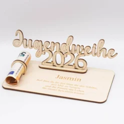Geldgeschenk Jugendweihe 2026 - personalisiert aus Holz - modernes Jugendweihe Geschenk mit Name