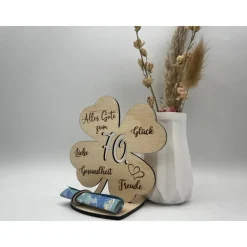 Geldgeschenk Kleeblatt Holz 70. Geburtstag, 12,5cm oder 18,0cm, Geldgeschenk auf Wunsch mit Namensgravur