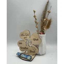 Geldgeschenk Kleeblatt Holz 70. Geburtstag, 12,5cm oder 18,0cm, Geldgeschenk auf Wunsch mit Namensgravur
