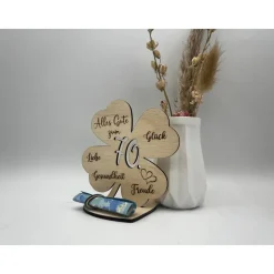 Geldgeschenk Kleeblatt Holz 70. Geburtstag, 12,5cm oder 18,0cm, Geldgeschenk auf Wunsch mit Namensgravur