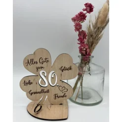 Geldgeschenk Kleeblatt Holz 80. Geburtstag, 12,5cm oder 18,0cm, Geldgeschenk auf Wunsch mit Namensgravur