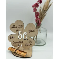 Geldgeschenk Kleeblatt Holz 80. Geburtstag, 12,5cm oder 18,0cm, Geldgeschenk auf Wunsch mit Namensgravur