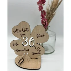 Geldgeschenk Kleeblatt Holz 80. Geburtstag, 12,5cm oder 18,0cm, Geldgeschenk auf Wunsch mit Namensgravur