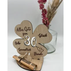 Geldgeschenk Kleeblatt Holz 50. Geburtstag, Geschenkidee personalisiert zum Jubiläum