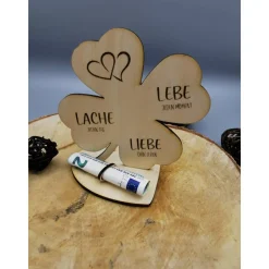 Geldgeschenk Kleeblatt Holz 60. Geburtstag, 12,5cm oder 18,0cm, Geldgeschenk auf Wunsch mit Namensgravur