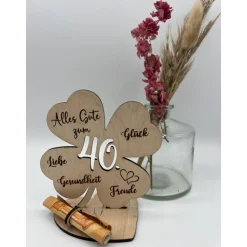 Geldgeschenk Kleeblatt Holz 60. Geburtstag, 12,5cm oder 18,0cm, Geldgeschenk auf Wunsch mit Namensgravur