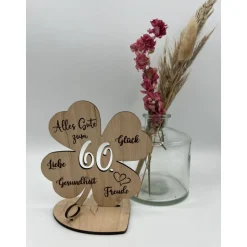Geldgeschenk Kleeblatt Holz 60. Geburtstag, 12,5cm oder 18,0cm, Geldgeschenk auf Wunsch mit Namensgravur