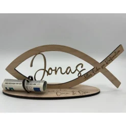 Geldgeschenk Konfirmation aus Holz – Fisch mit Wunschname & Gravur zur Konfirmation, Kommunion, Taufe & Jugendweihe