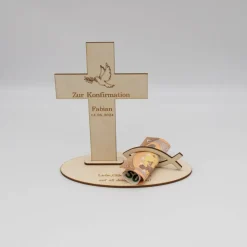 Geldgeschenk Konfirmation - Kreuz - aus Holz personalisiert