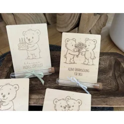 Geldgeschenk kreativ verpacken – Holz Geschenkkarte Bärchen Bär Geburtstag Gutschein Wunscherfüller für Kinder & Erwachsene