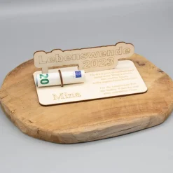 Geldgeschenk Lebenswende - aus Holz personalisiert