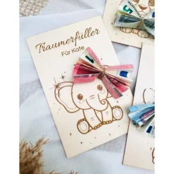 Geldgeschenk mit Wunschgravur / Geschenkkarte aus Holz Löwe Hase Elefant