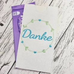 Geldgeschenk oder Schokoladenhülle mit Spruch aus Kunstleder auch für große Tafeln